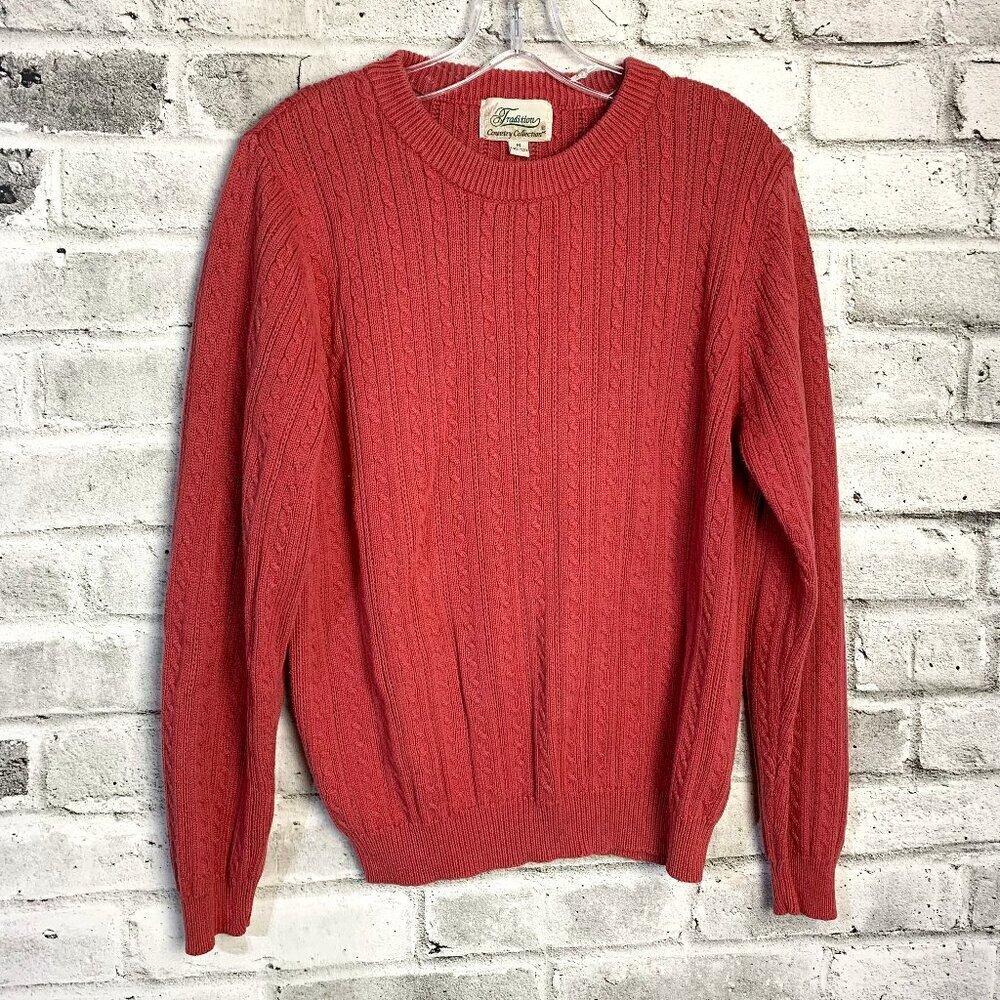 Vintage 90s Cable Knit Sweater M Pink Tradition Country Collection 80s Crewneck - Picture 1 of 14